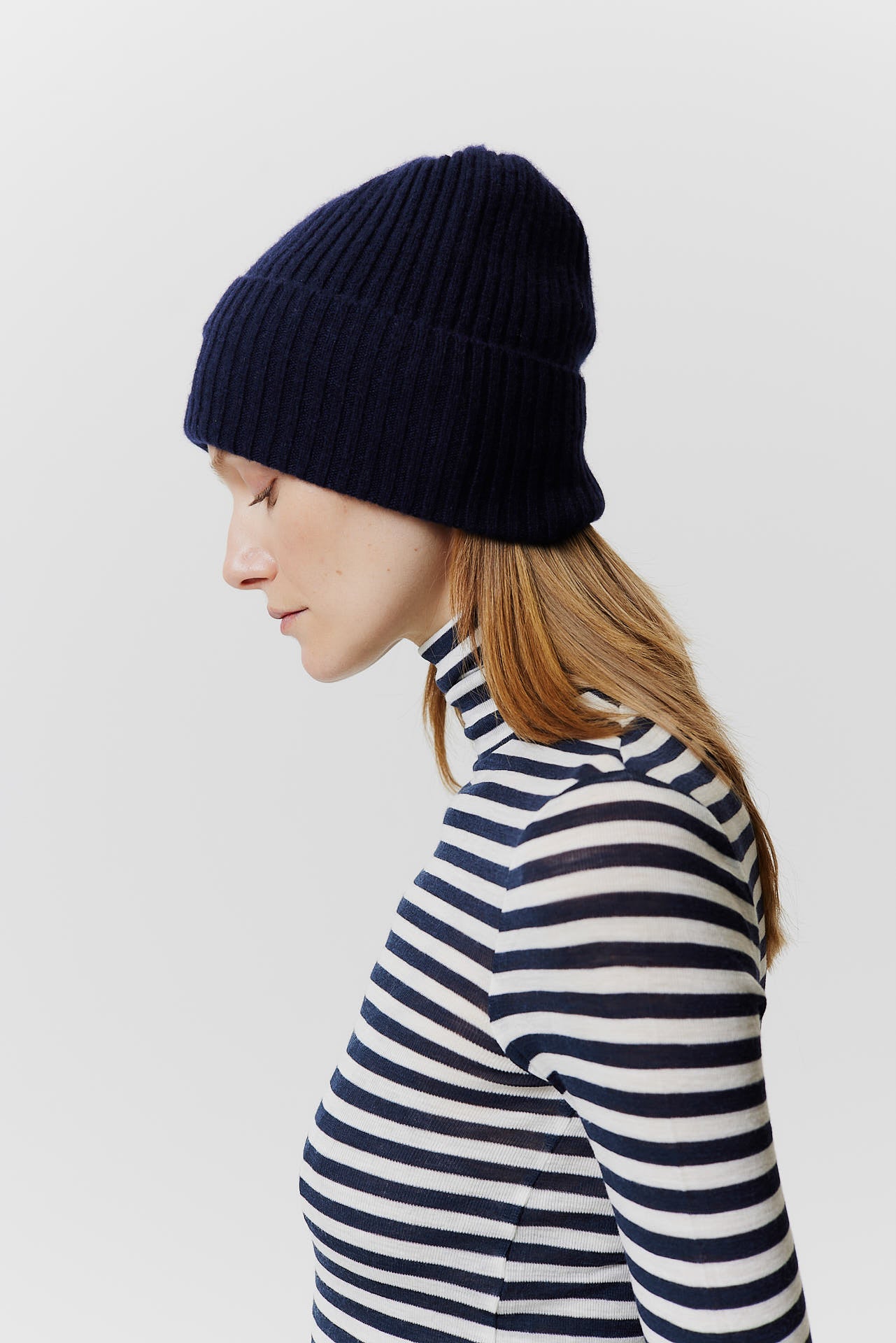 Cashmere Beanie Rib Knit Dark Blue