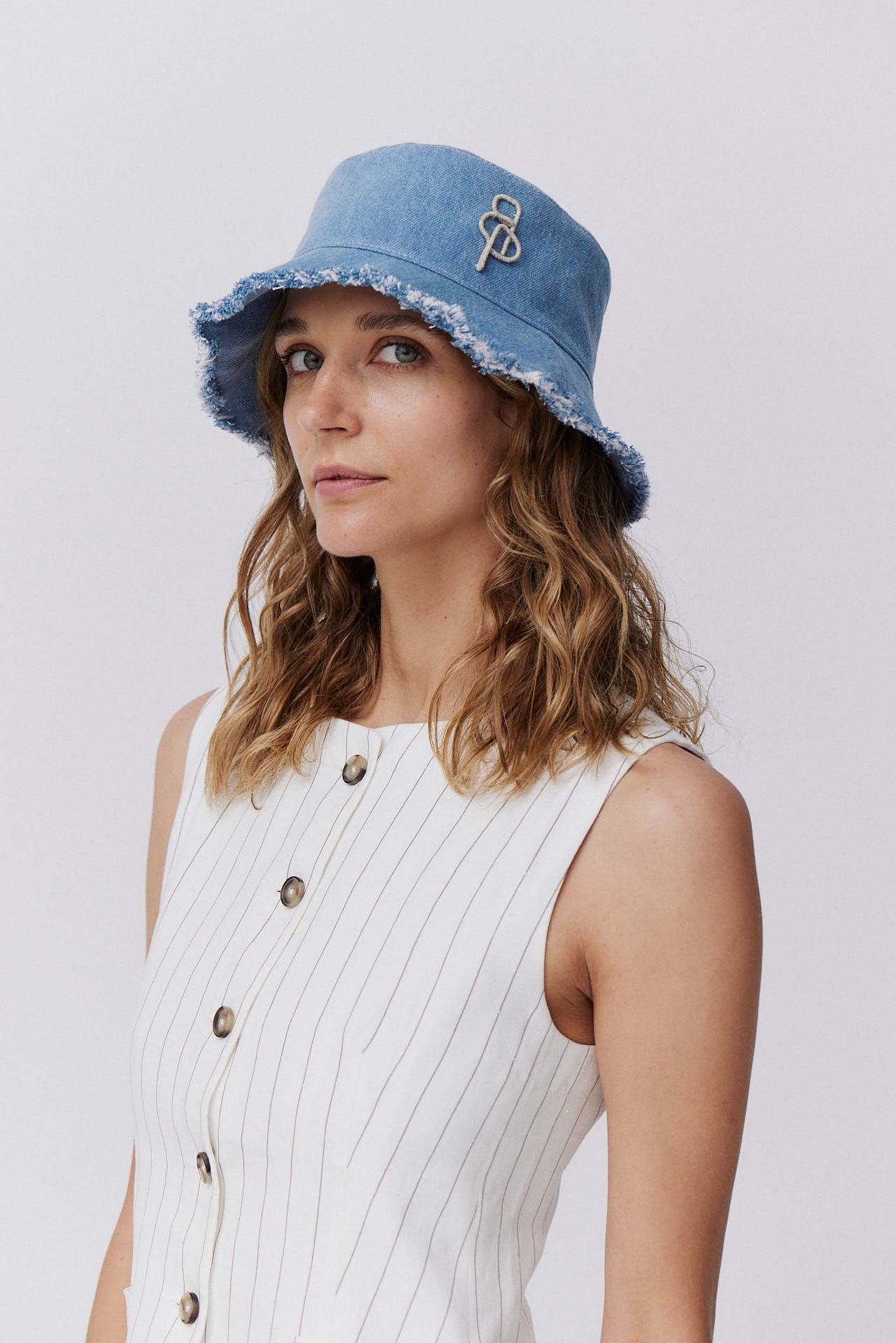 Cotton Bucket Hat Fringed Brim Denim